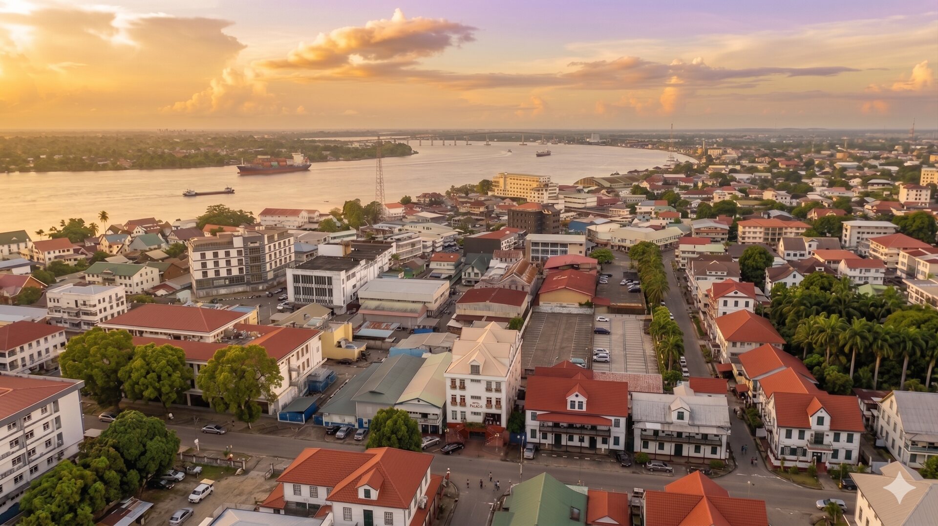 Aerial view of Hotel Palacio in historic Paramaribo