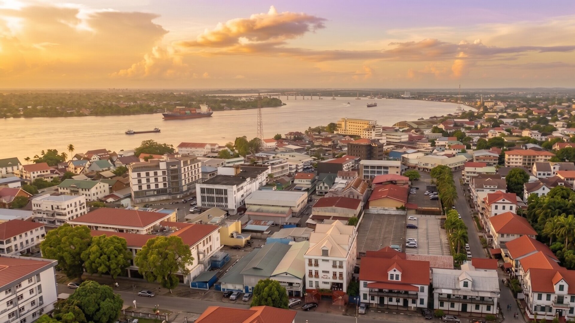 Aerial view of Hotel Palacio in historic Paramaribo